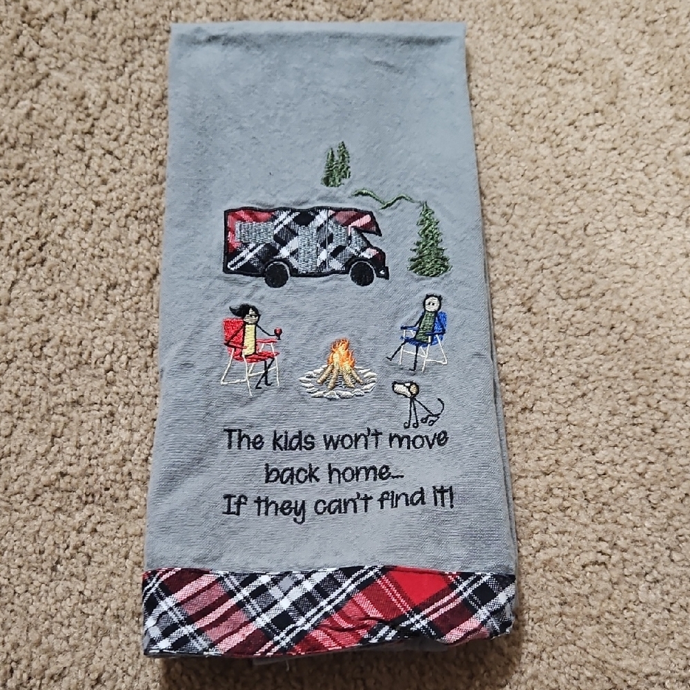 Gray Kitchen Towel with Embroidered Camping Design
